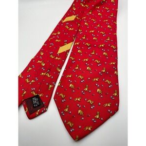 Salvatore Ferragamo Mens Red Silk Puppy Dog Floral Print Tie Made in Italy